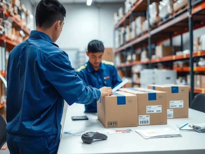 工作人员正在验收退货商品并记录信息
