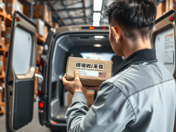 工人将加急包裹放入专车，仓库环境整洁