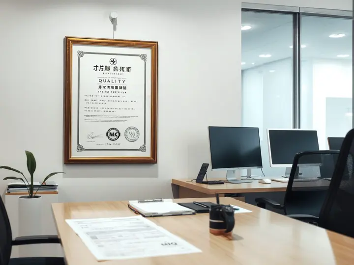 冠鑫办公室内悬挂的ISO 9001认证证书
