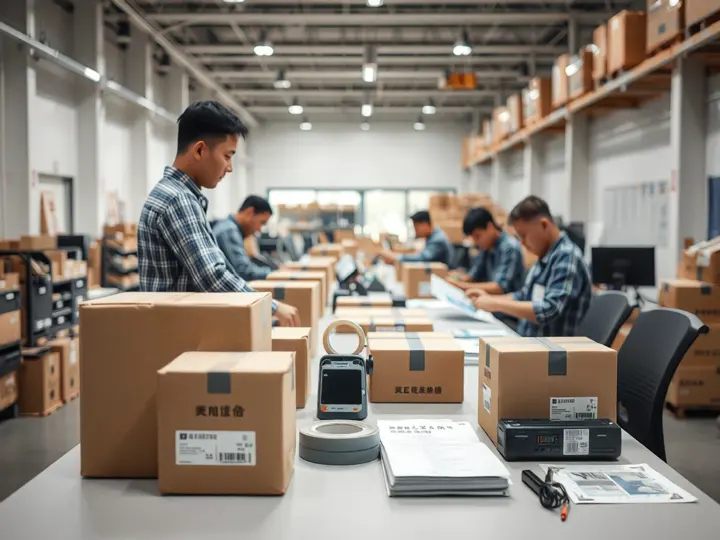 冠鑫仓库打包台，工人在高效打包订单包裹