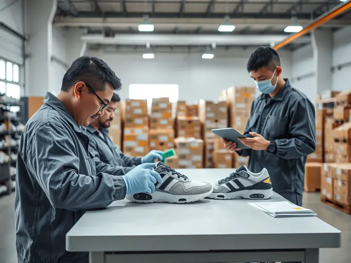 冠鑫质检人员正在检查新品运动鞋外观